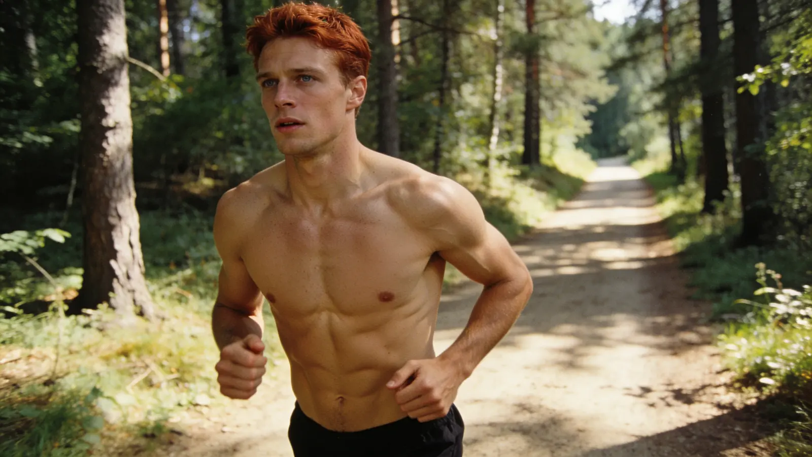 A fit young man jogs a sunlit forest trail, re-engaging with daytime life