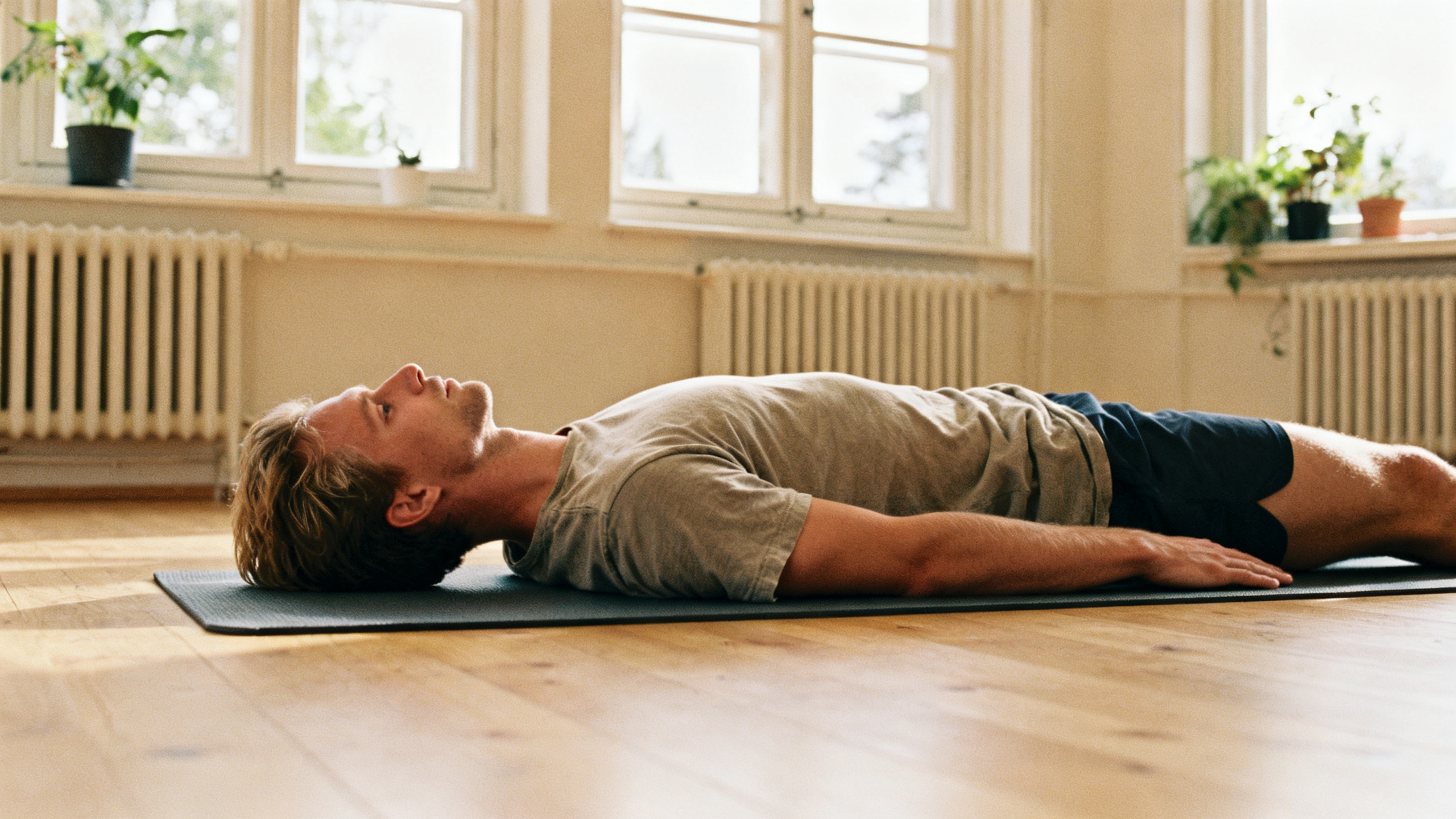 Young man breathing through a pelvic floor relaxation exercise