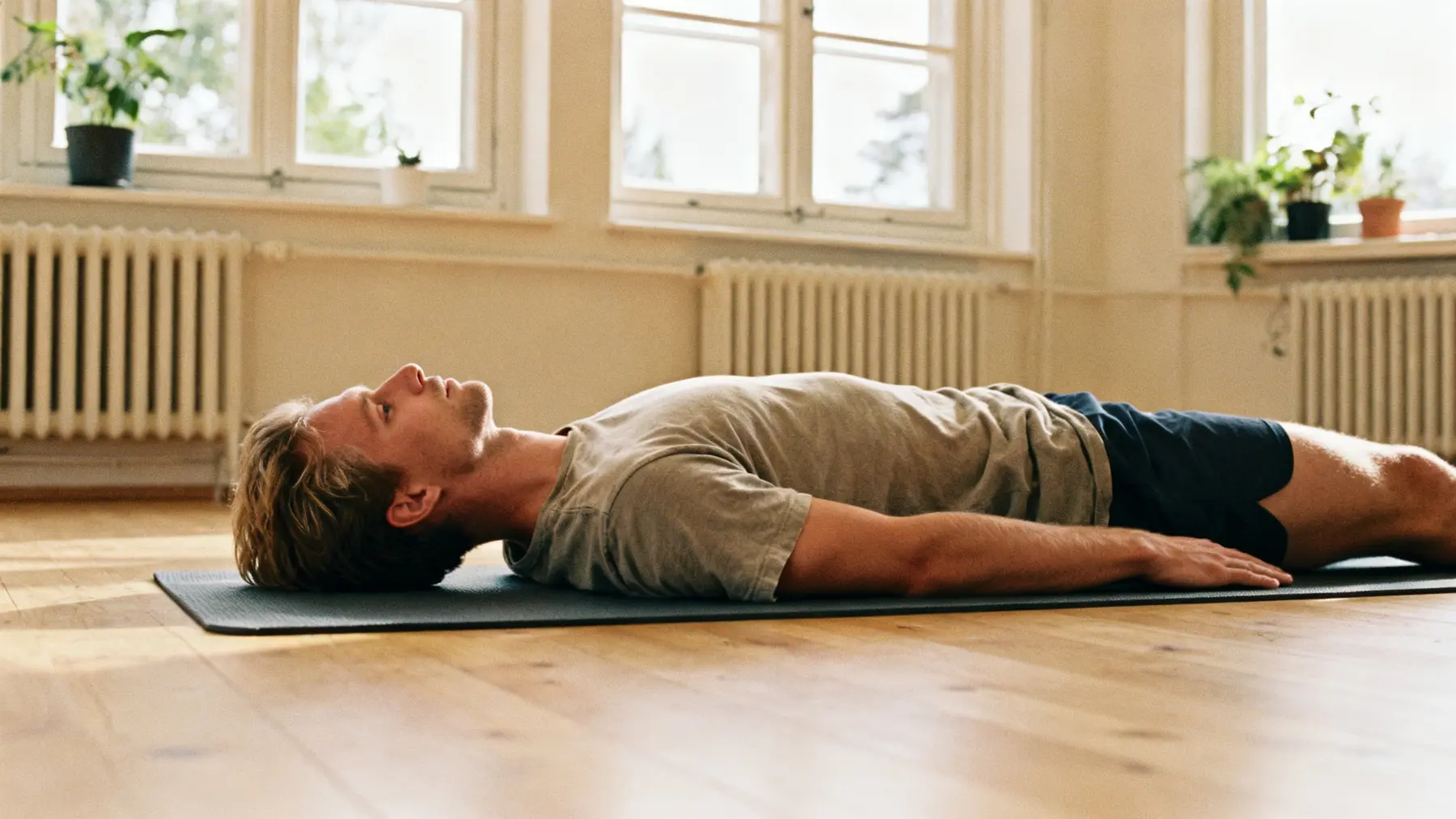 Young man breathing through a pelvic floor relaxation exercise