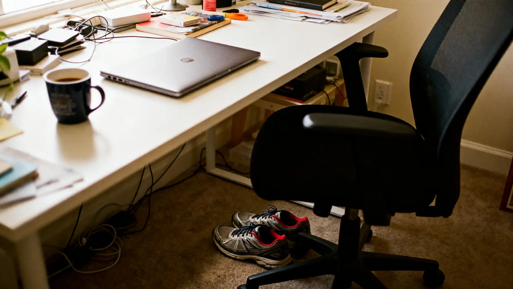 Cortisol stress routine: coffee, laptop, and untouched running shoes