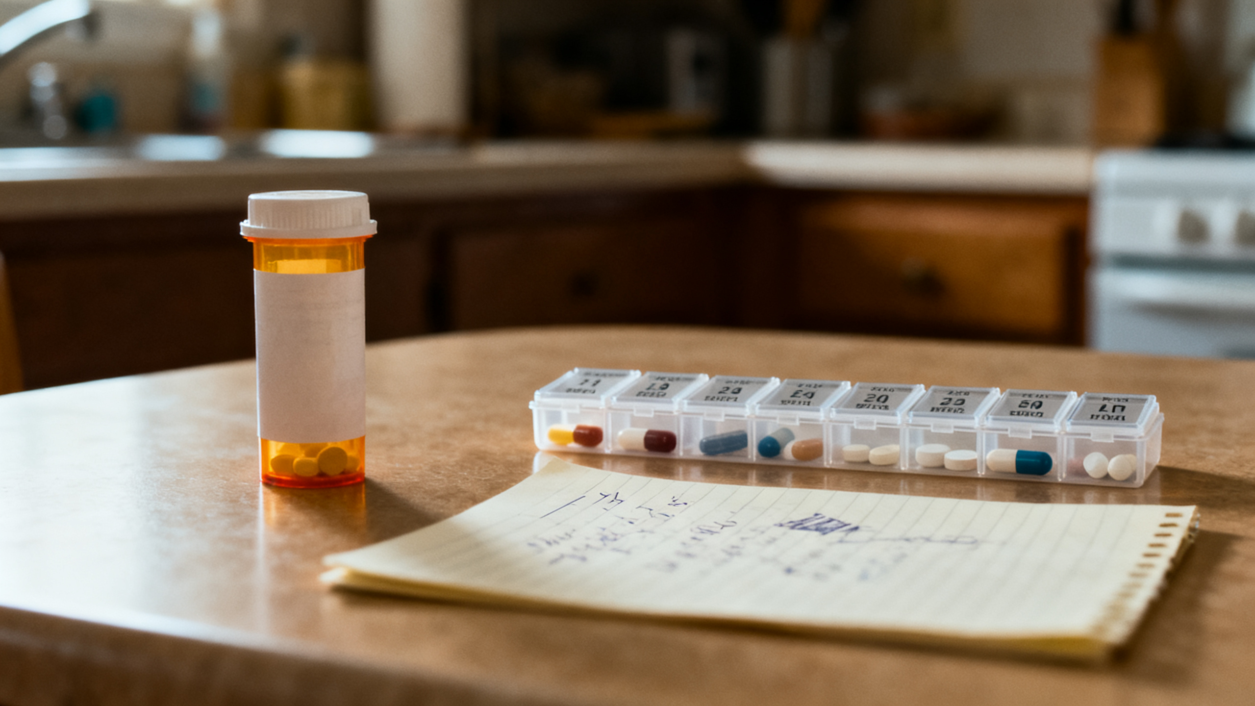 Prescription bottle, pill organizer, and handwritten medication questions on a kitchen table