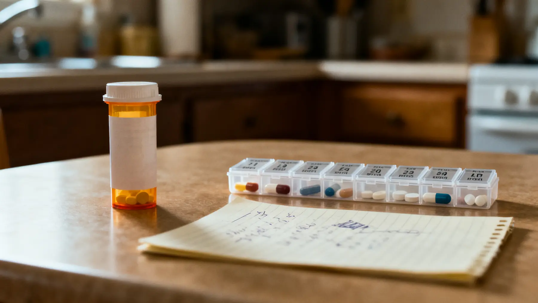 Prescription bottle, pill organizer, and handwritten medication questions on a kitchen table