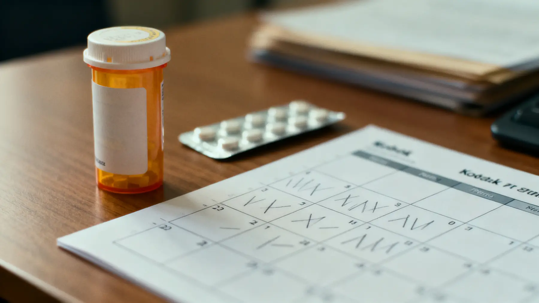 Medication bottle, blister pack, and dosing calendar with no readable text