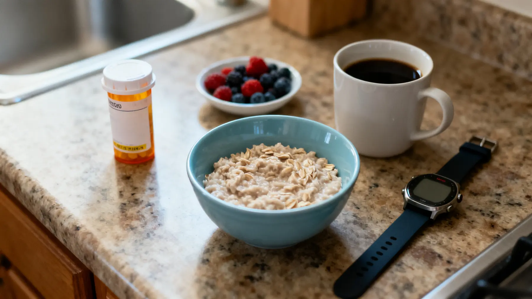 Kitchen counter with statin bottle, oatmeal, berries, and running watch