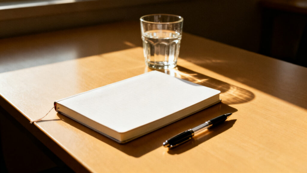 A clean desk with water and a blank notebook.