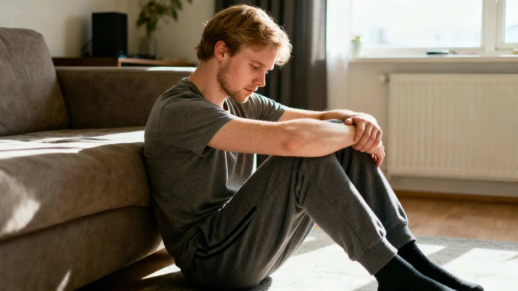 A young man on the living-room floor taking a steadying breath during a panic episode.