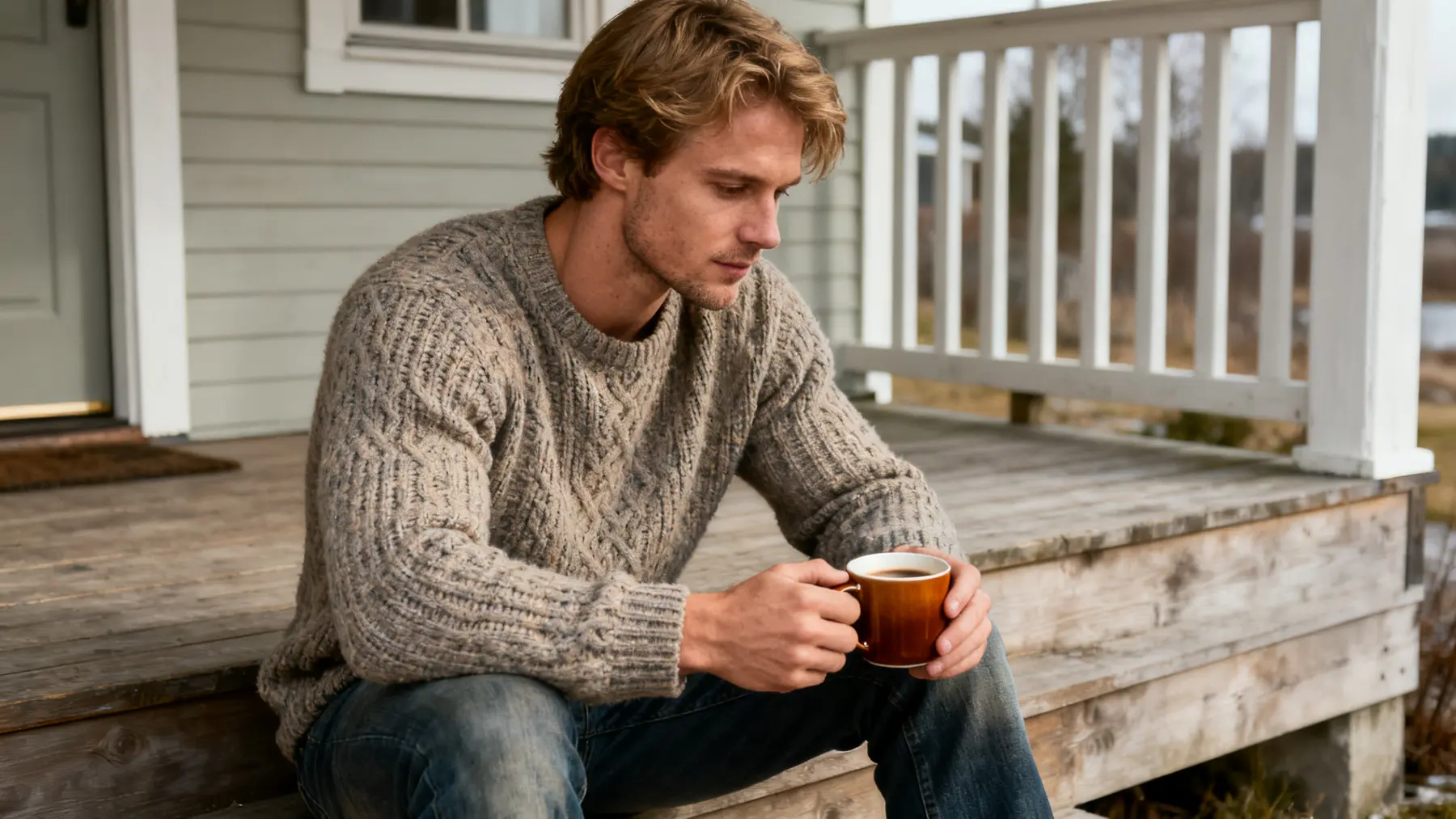 A man pausing with coffee on a porch step, settling after a hard moment.