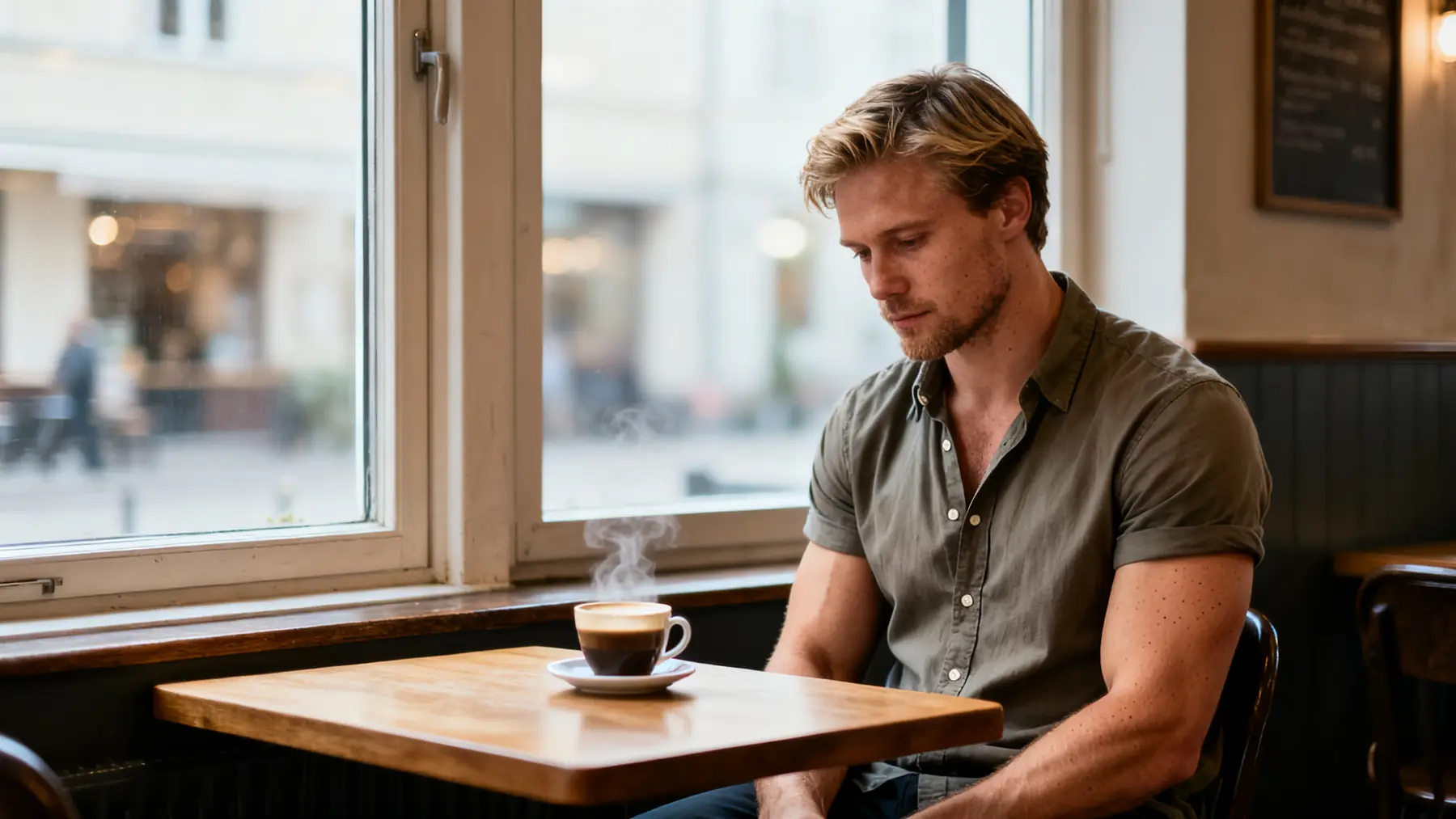 A young man sitting in a quiet cafe during a social anxiety exposure practice.