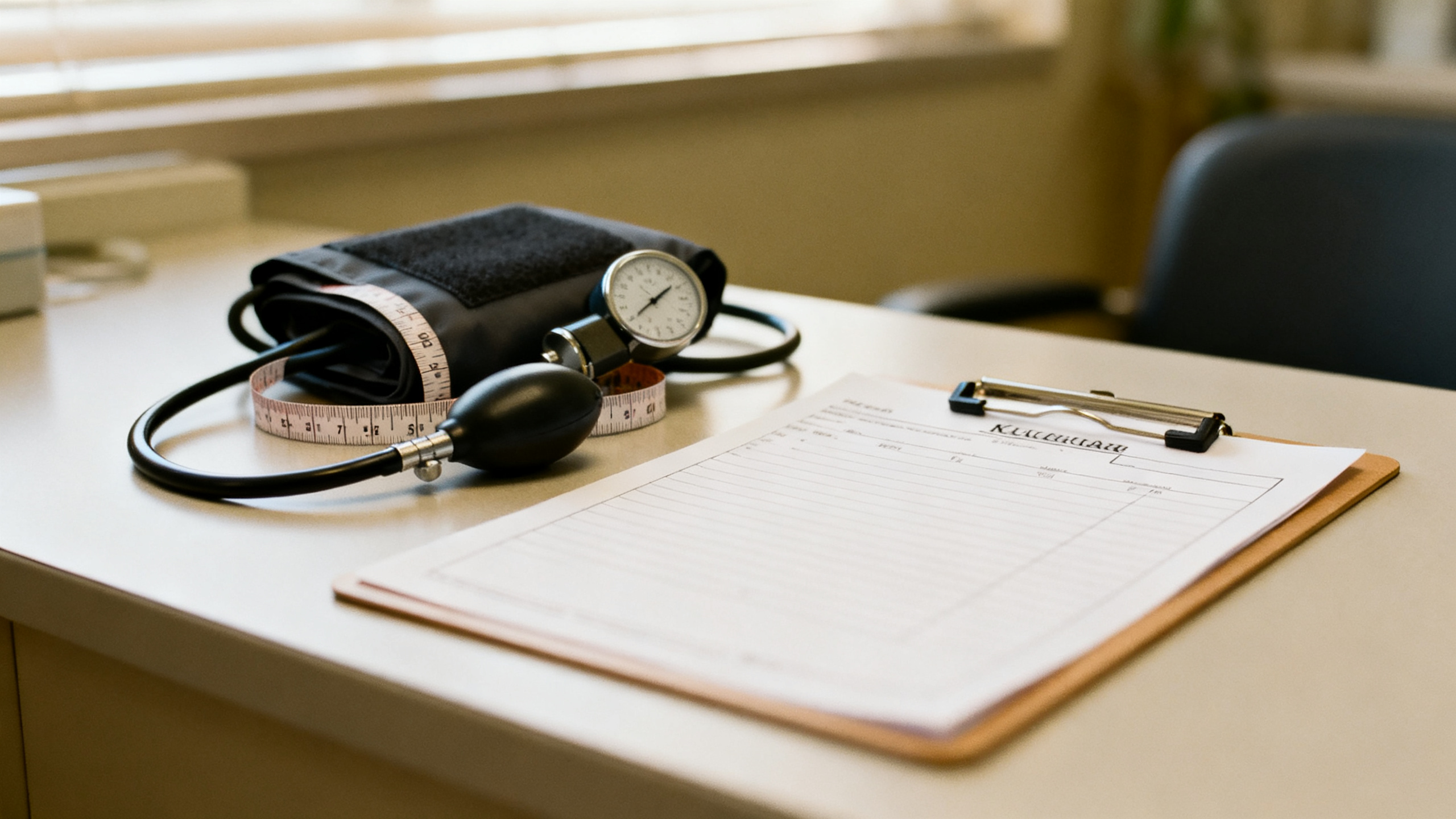 Clinic blood pressure cuff and lab form during men's health evaluation