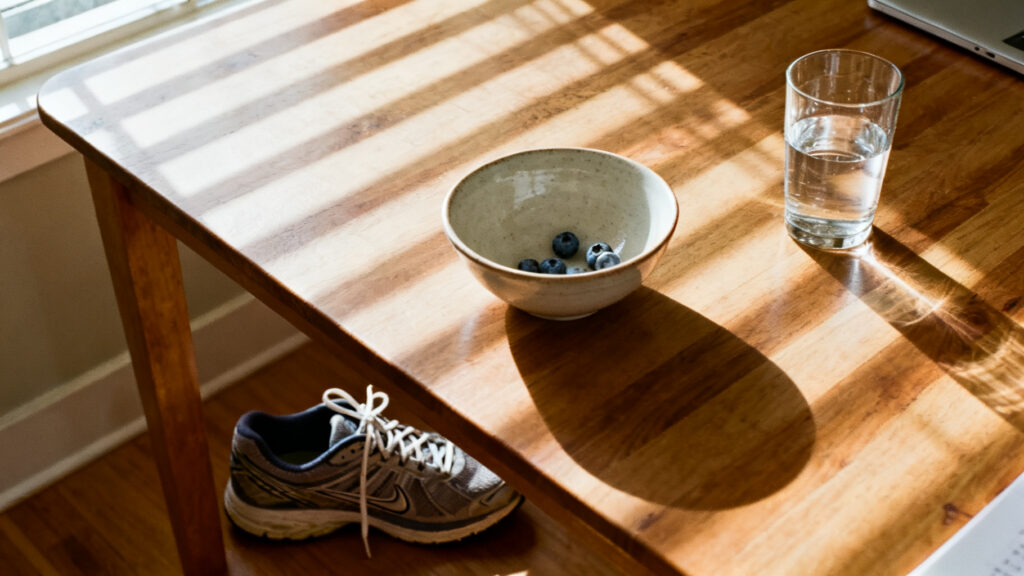 A sunlit kitchen table with running shoes, water, and a simple breakfast before starting the day.