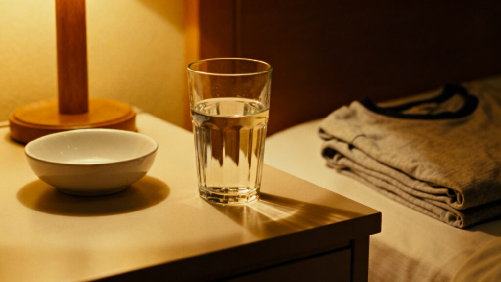 A bedside table with water and warm lamplight.