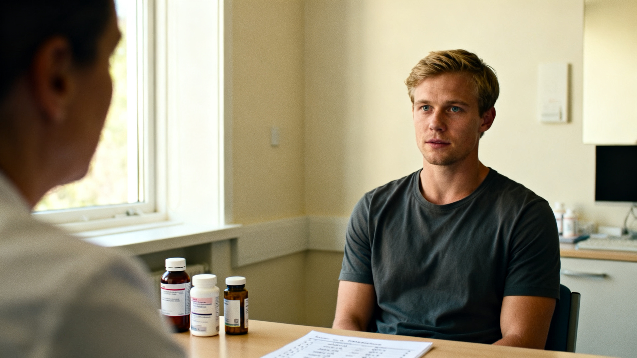 Young man talking with a clinician about a medication list