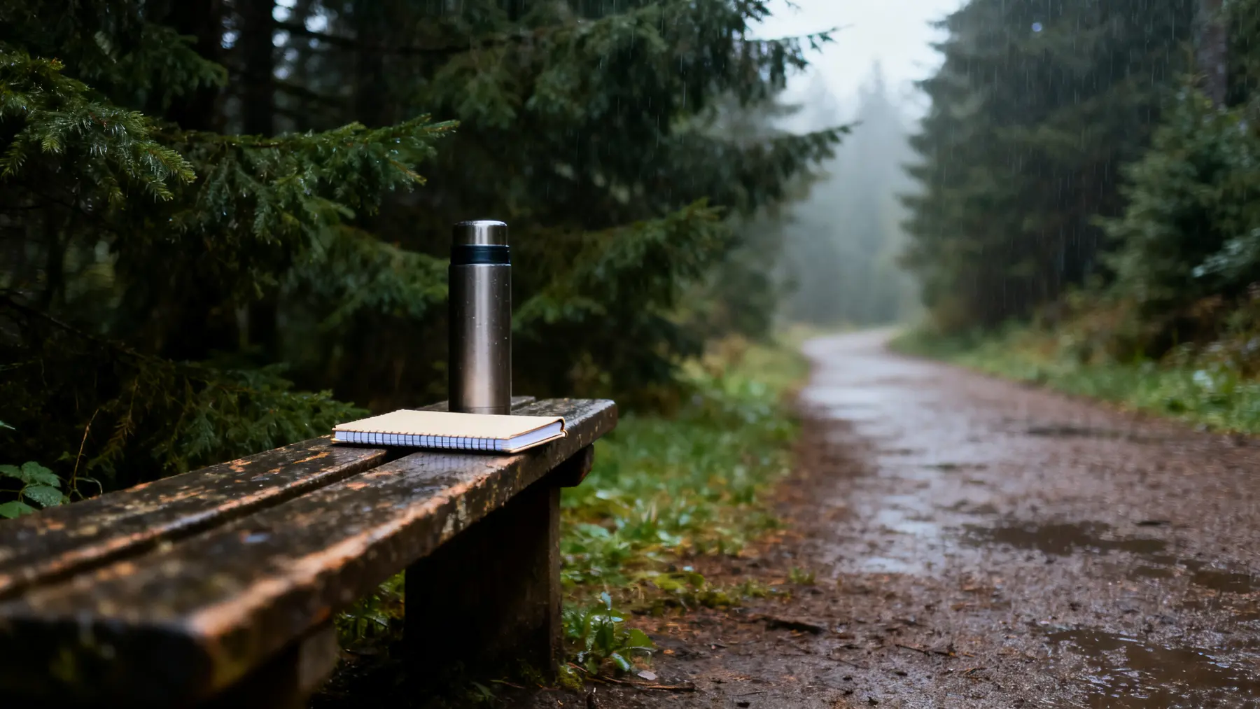 Rainy forest path with notebook and thermos on a wooden bench