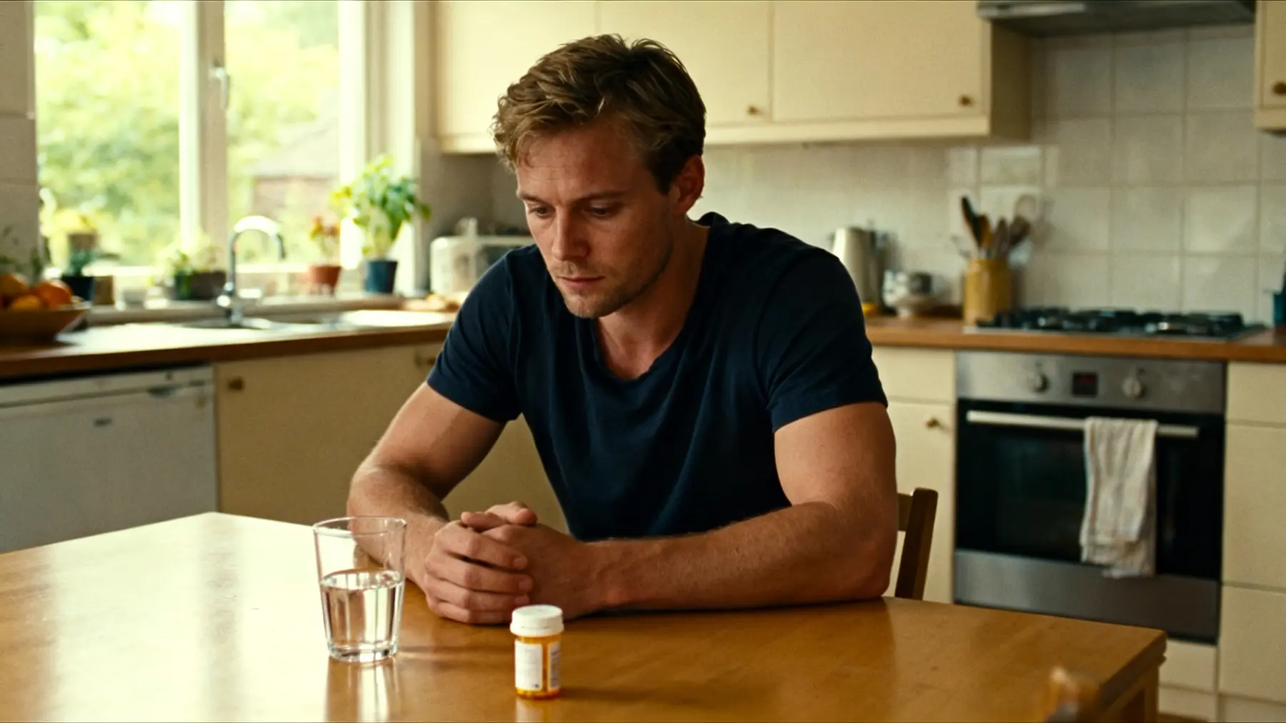 Young man pausing before taking a supervised depression medication