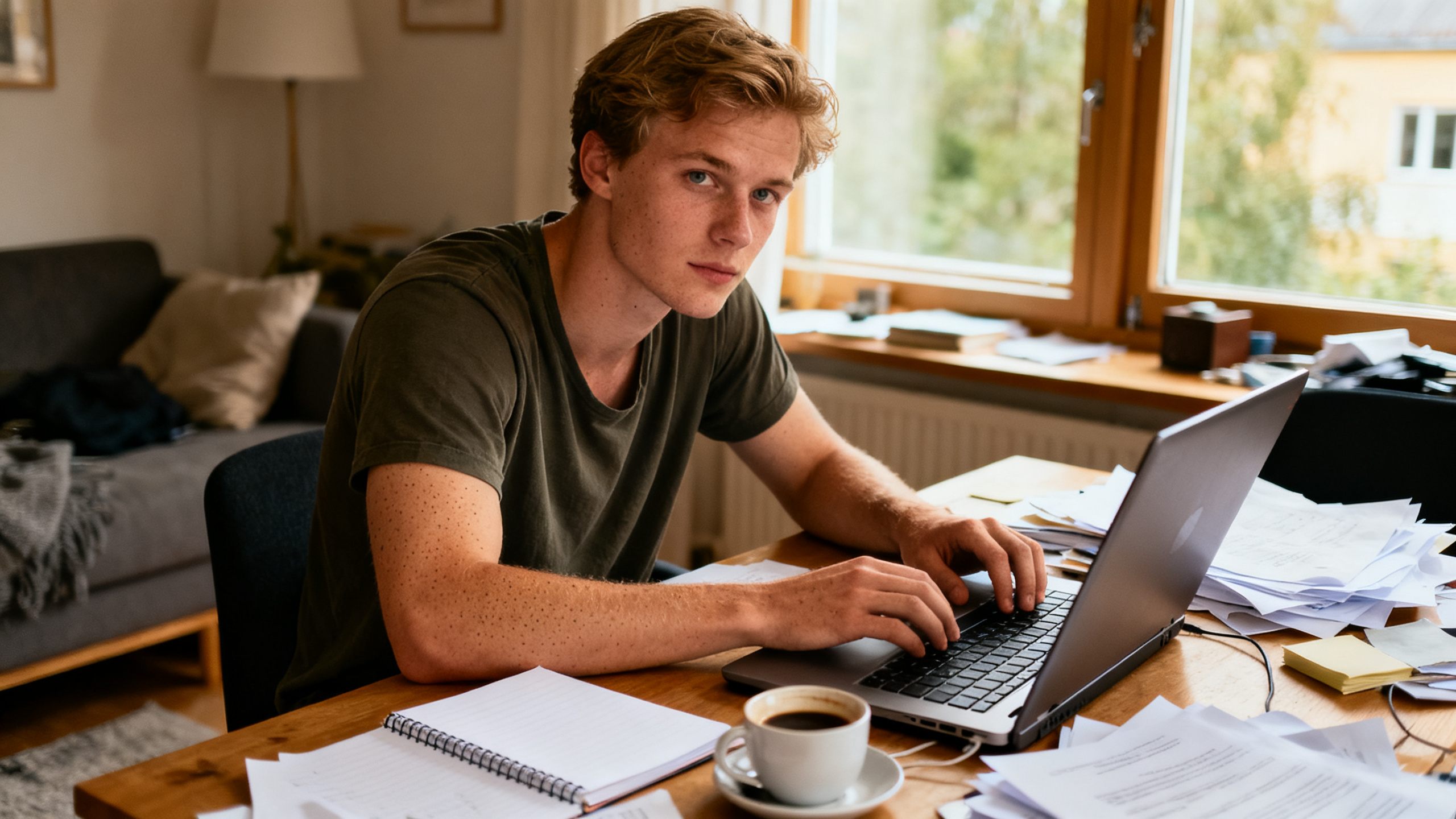 Young man trying to focus at a messy desk with laptop and papers
