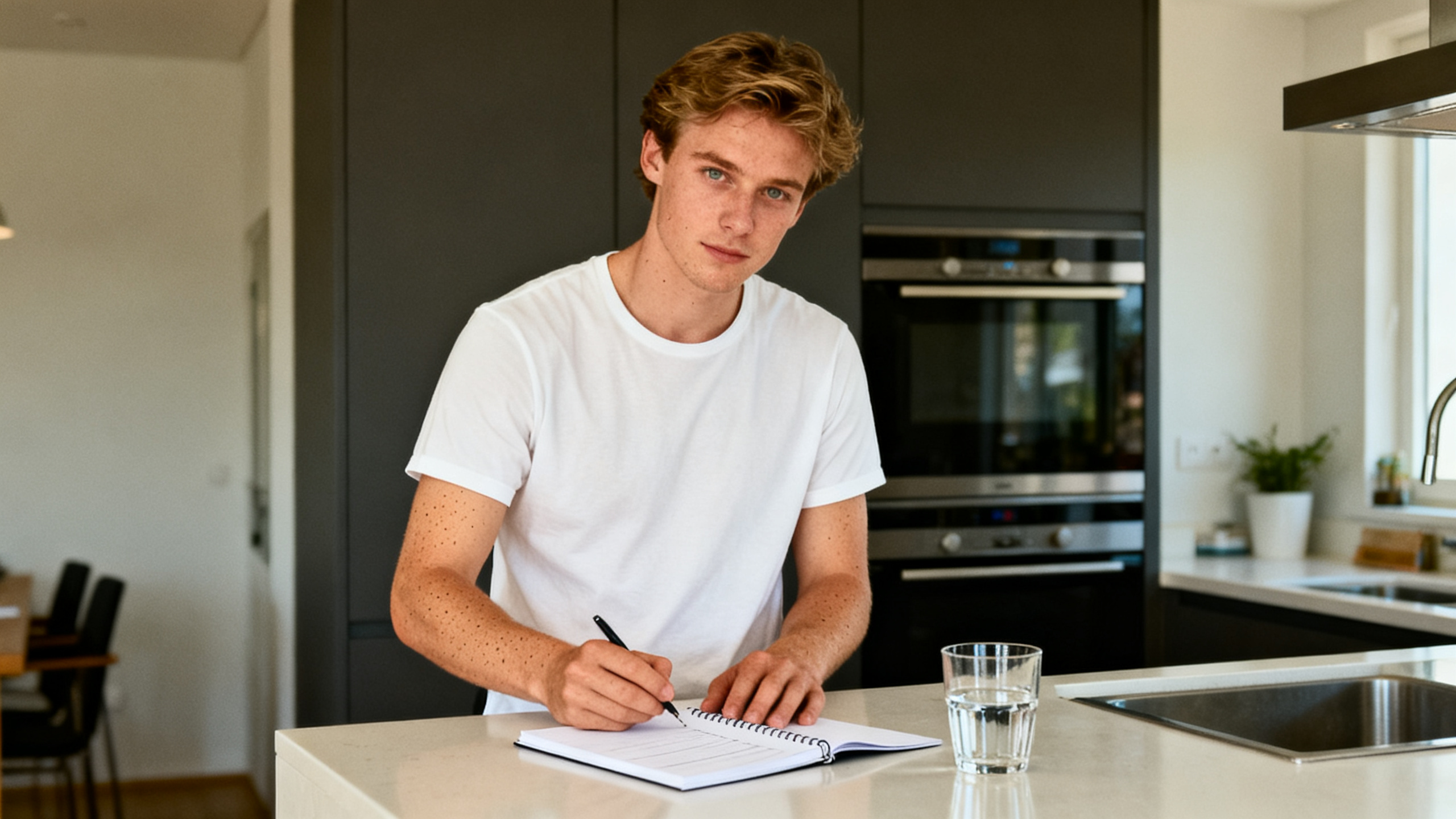 Young man using a paper planner at a kitchen counter
