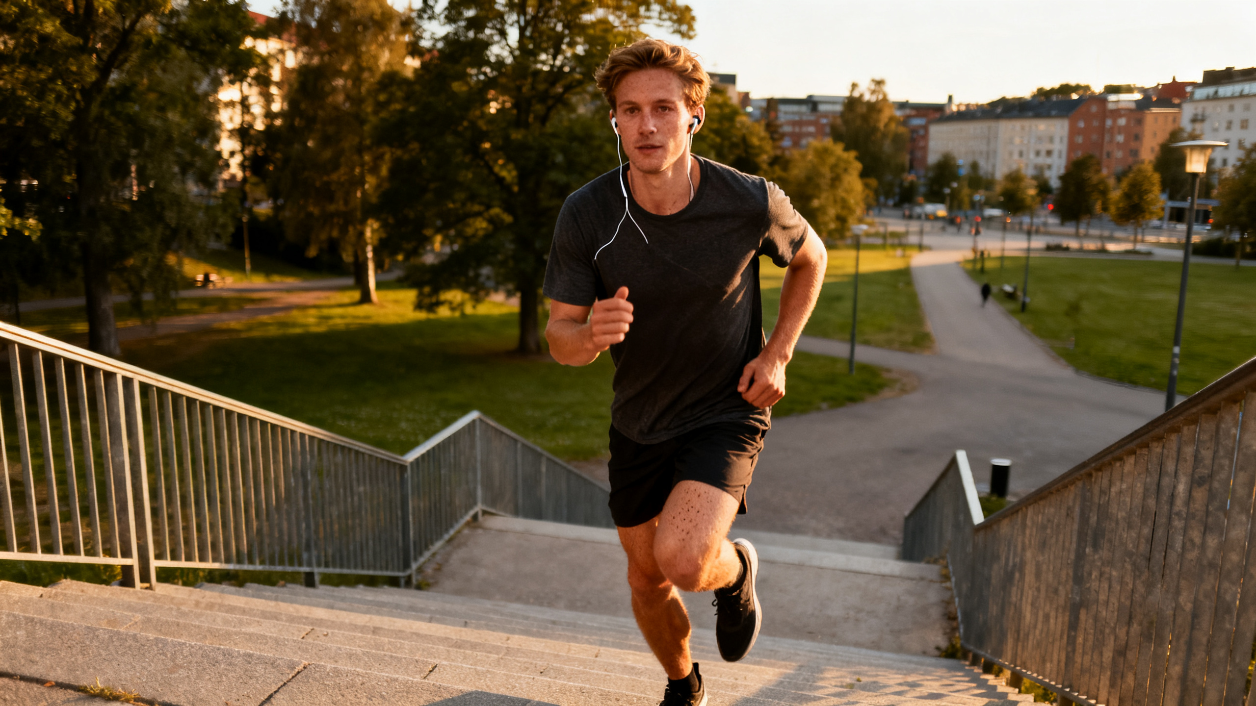 Young man running outdoor stairs as part of ADHD structure