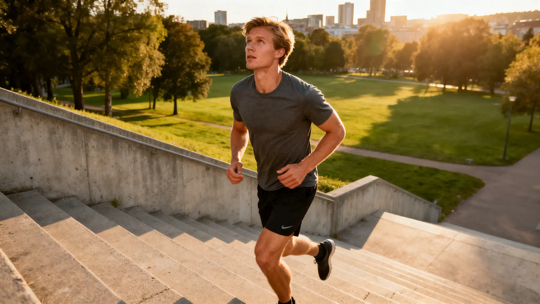 Young man running outdoor stairs as part of ADHD structure