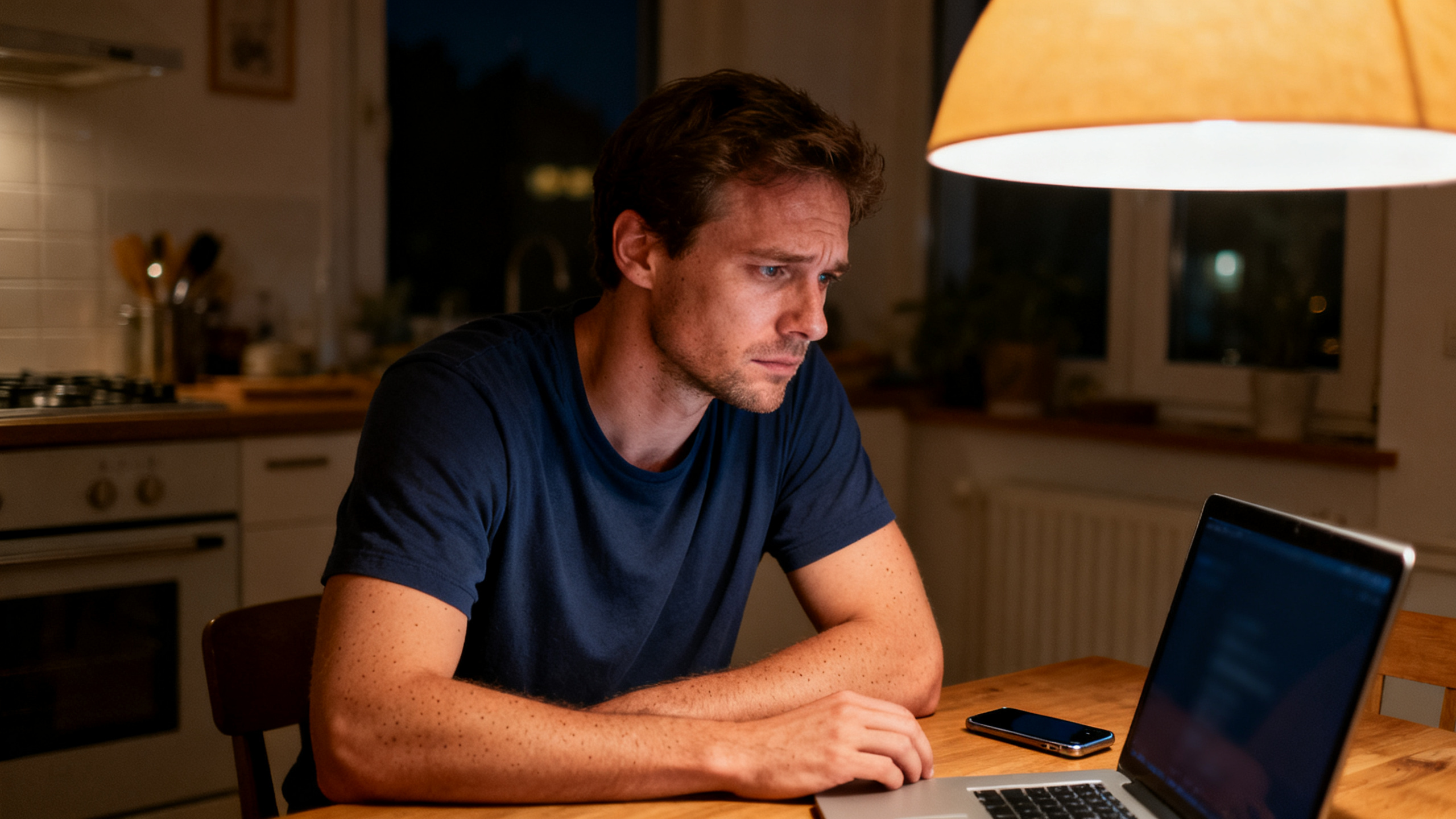 Man in a navy shirt looking conflicted while using a laptop late at night