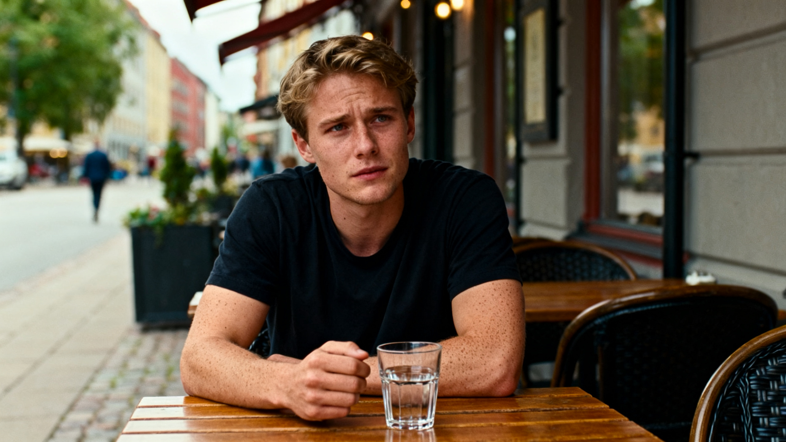 Anxious man sitting at an outdoor cafe before a social exposure