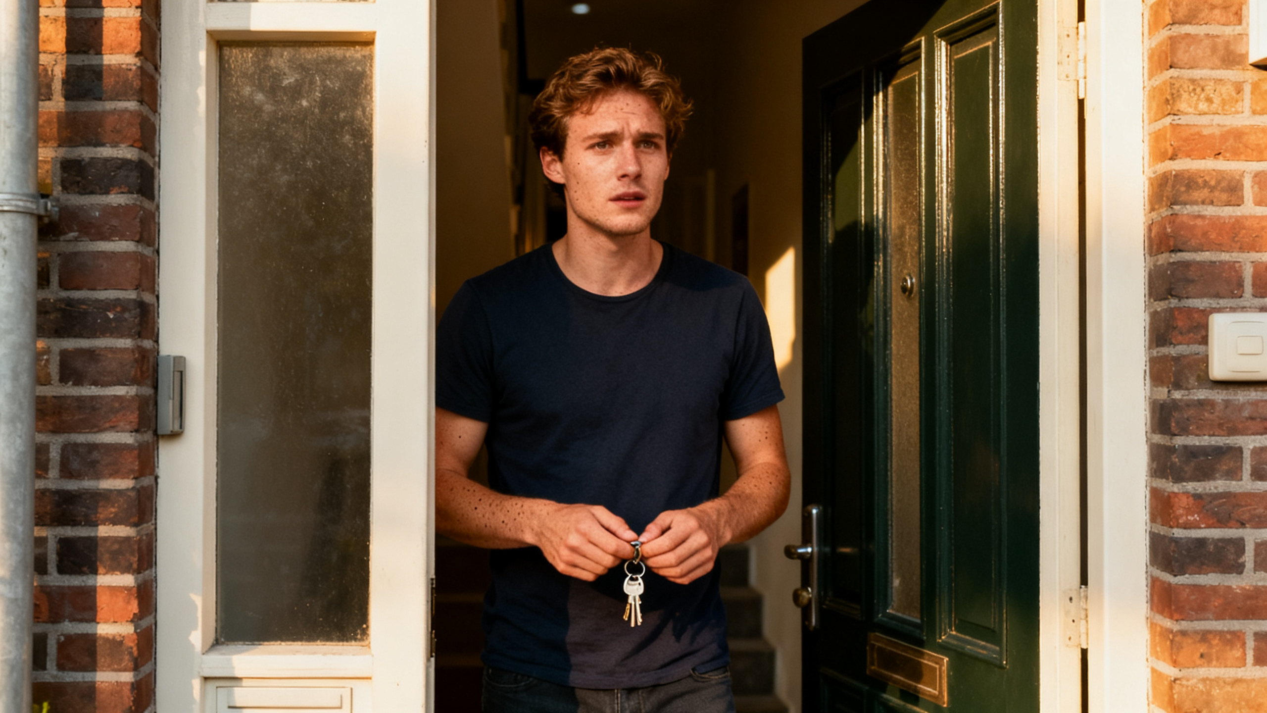Anxious man standing in a doorway with keys in hand