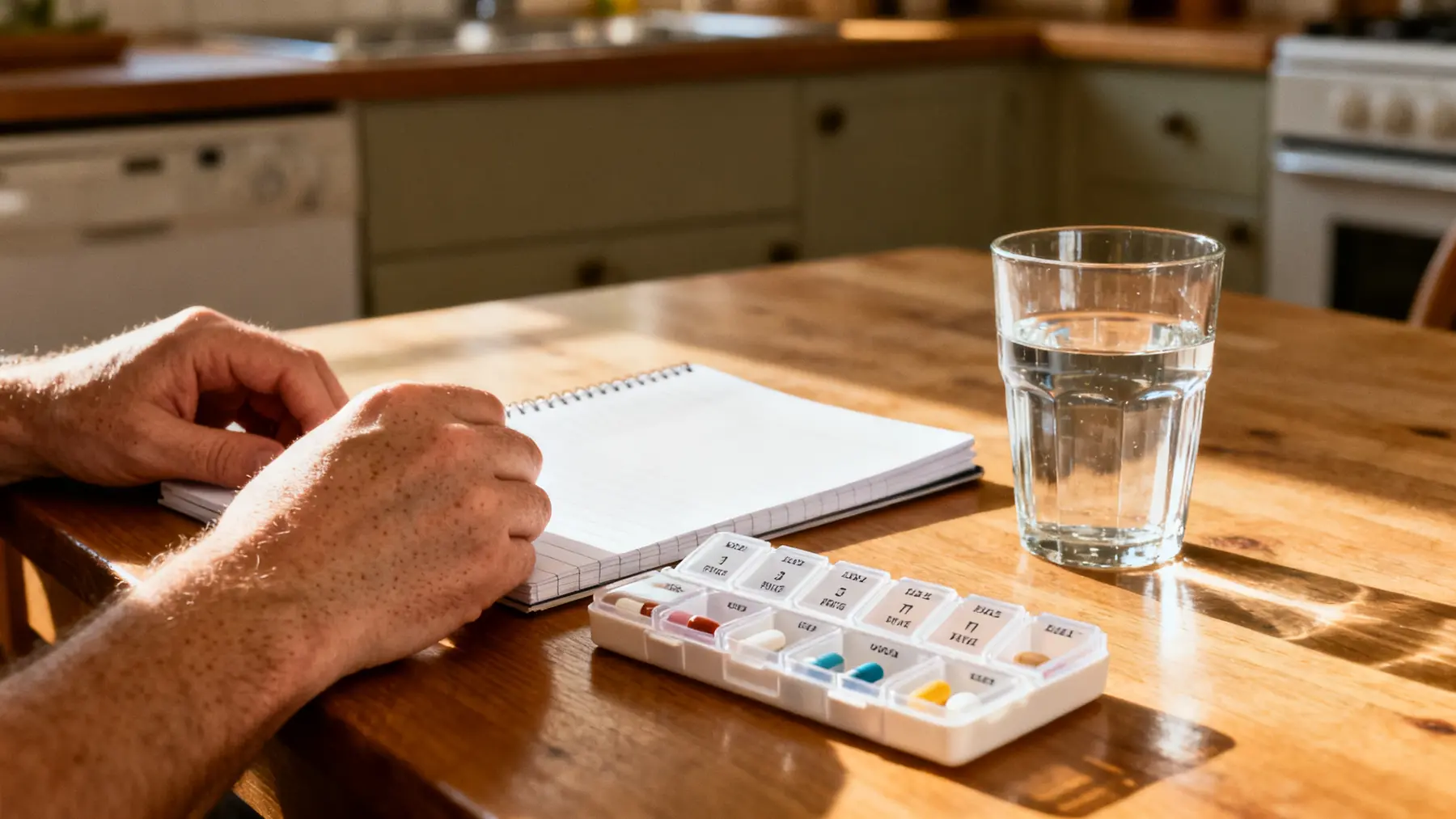 Weekly pill organizer, notebook, and water on a kitchen table
