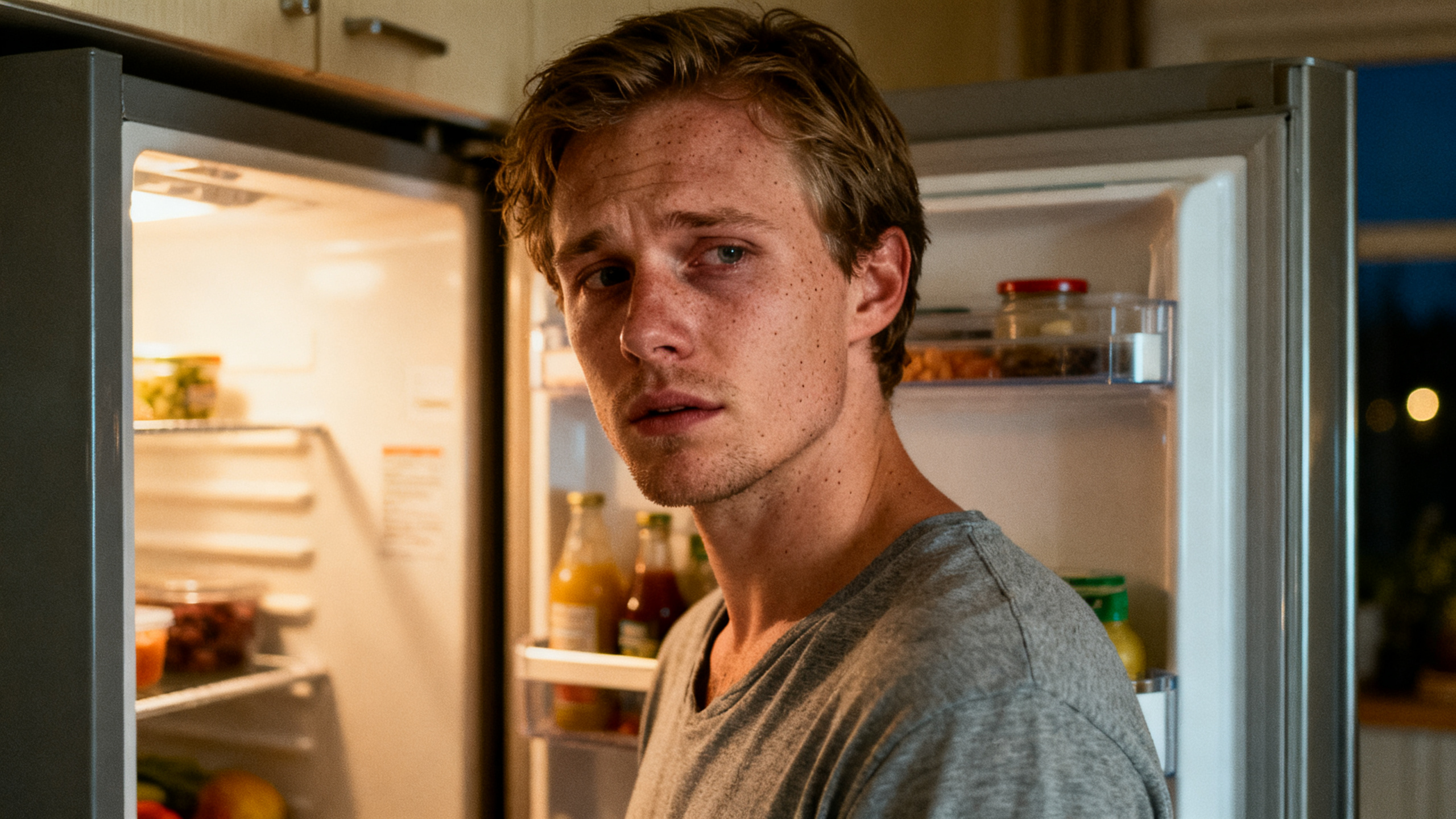 Man standing by an open refrigerator while thinking about medication appetite changes