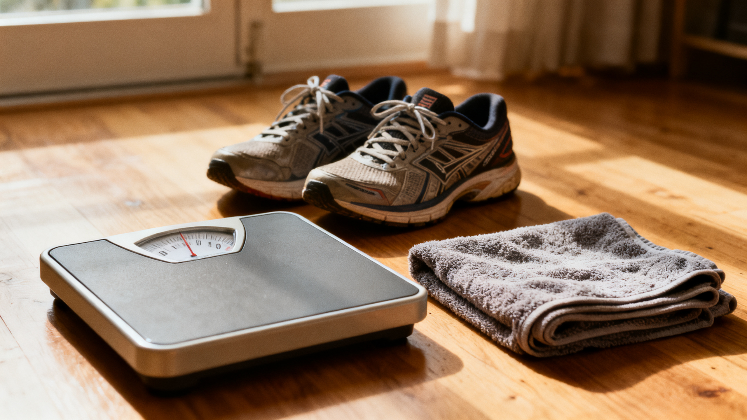 Bathroom scale, running shoes, and gym towel for metabolic monitoring