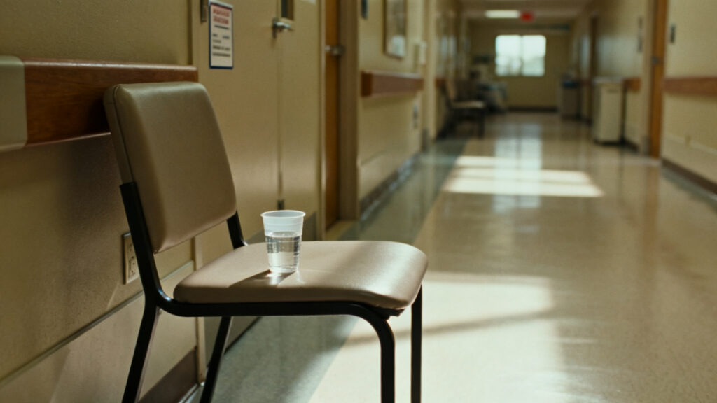A plain clinic hallway chair and cup.