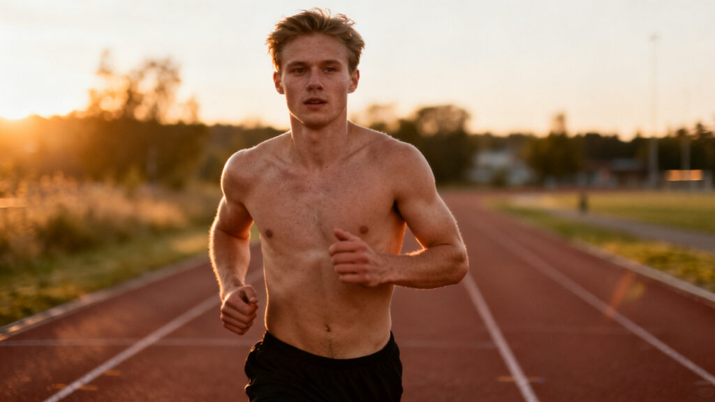 A man jogging on a track at sunrise.