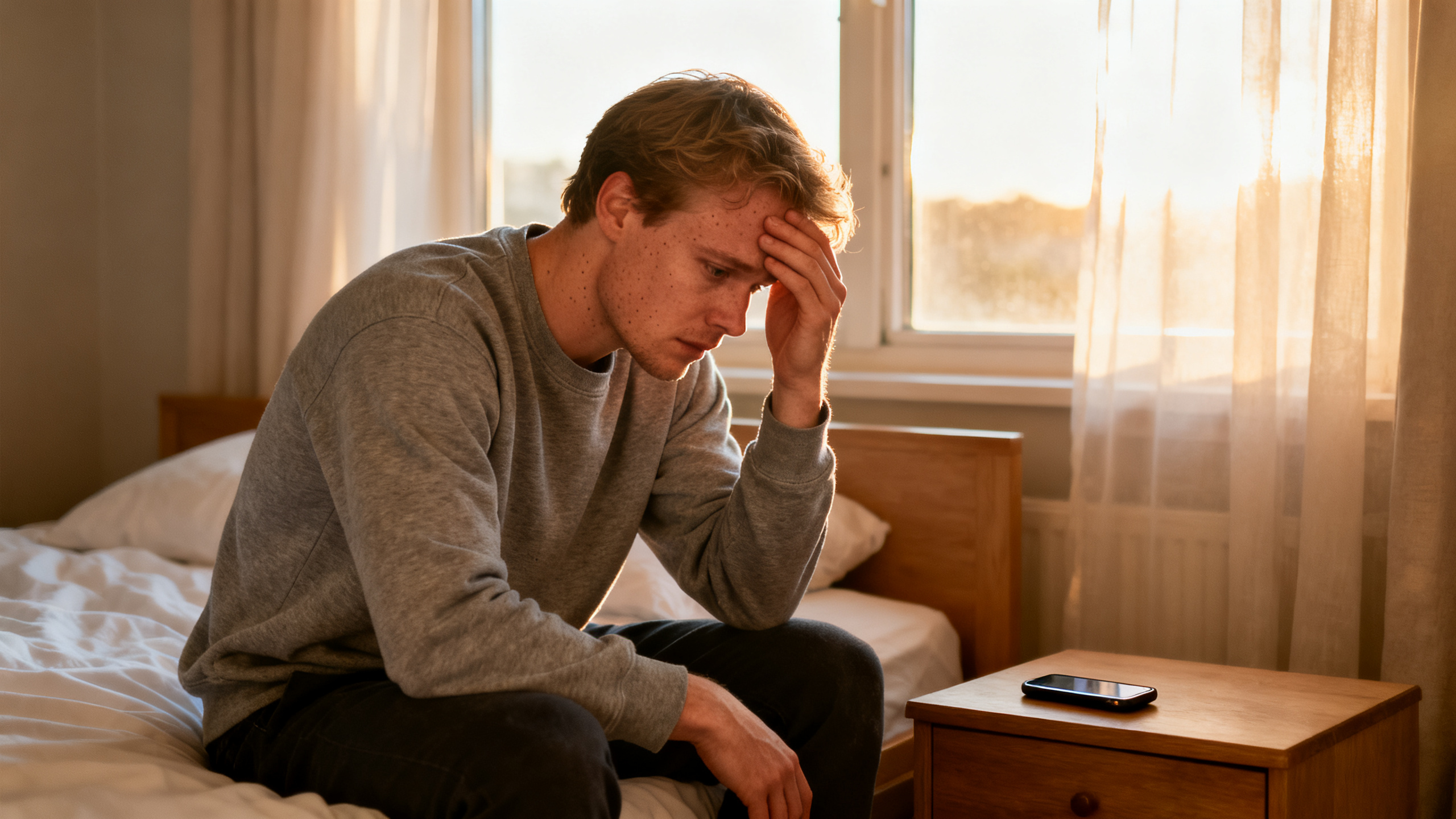 Anxious man sitting on the edge of a bed at dawn