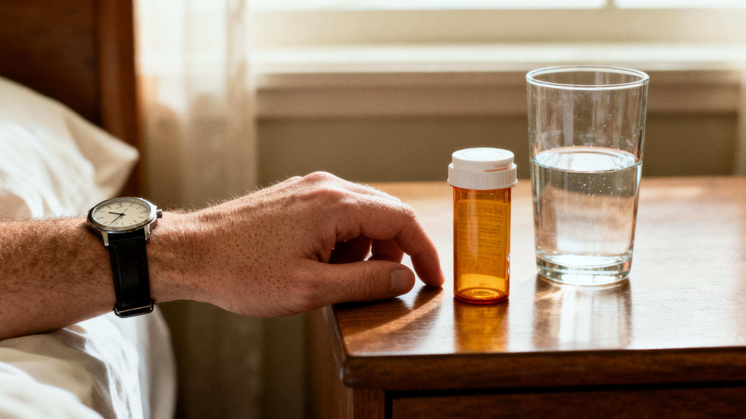 Prescription bottle, watch, and water on a bedside table