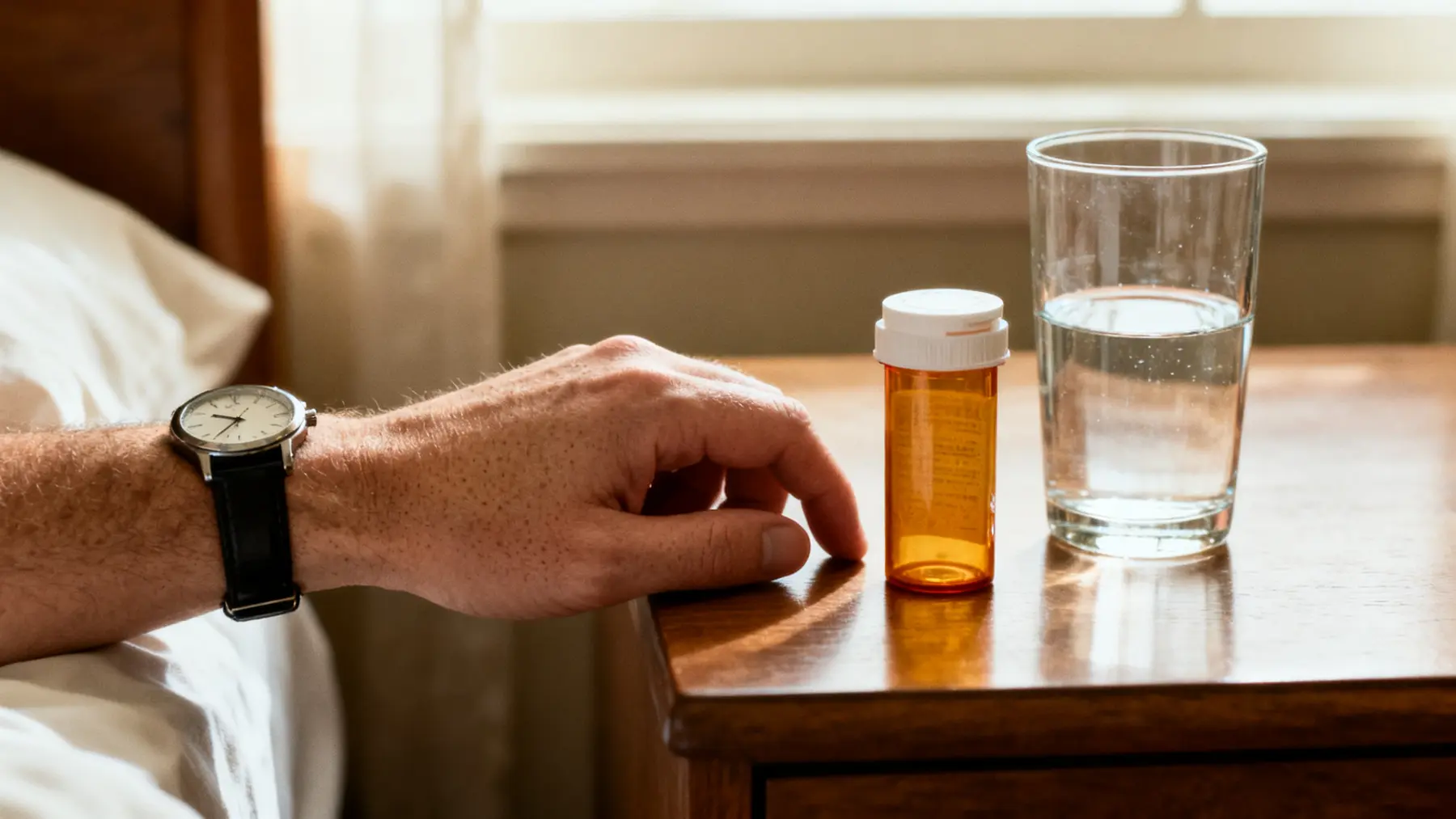 Prescription bottle, watch, and water on a bedside table