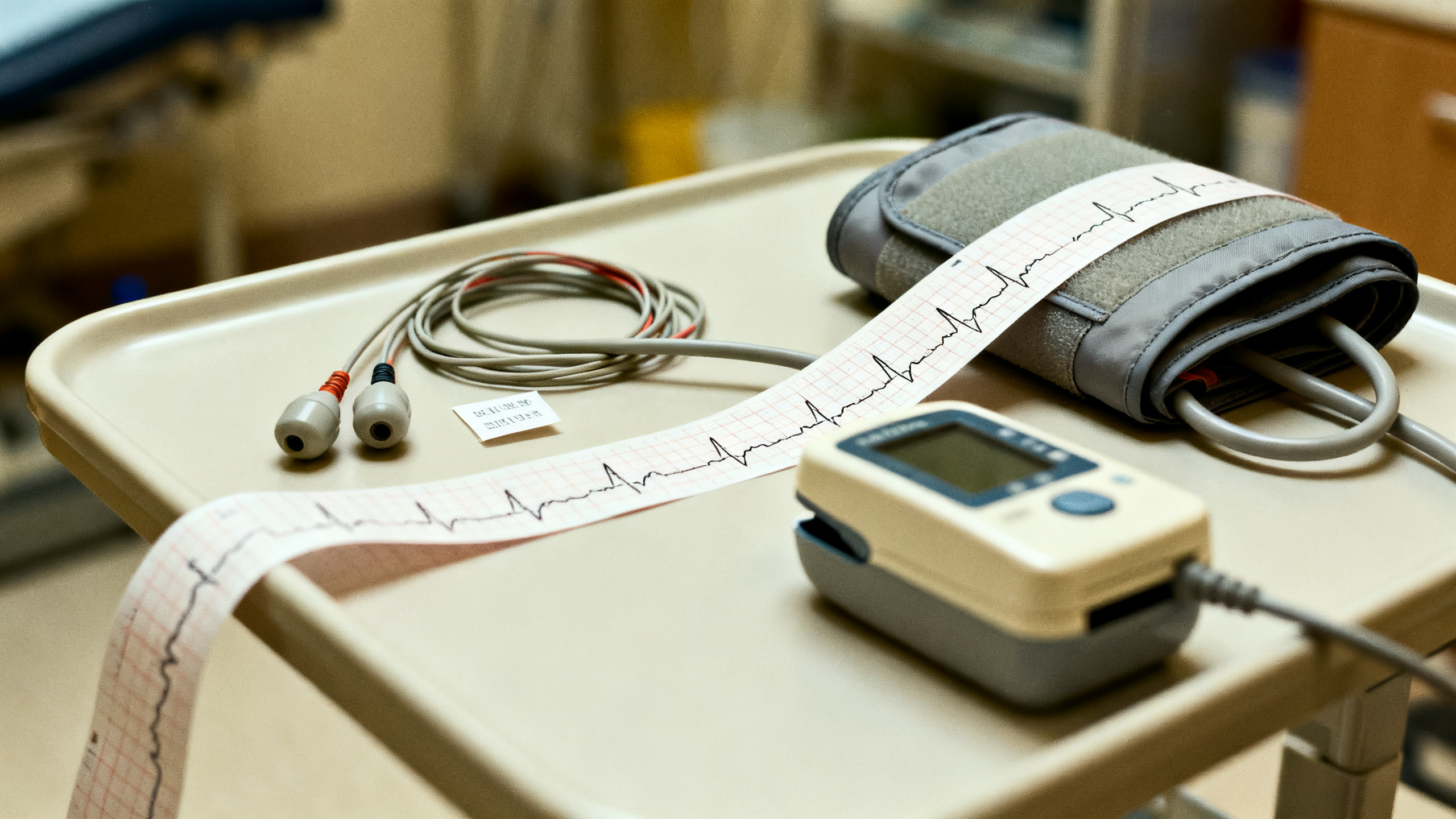 Clinic ECG leads and blood pressure cuff prepared on an exam tray
