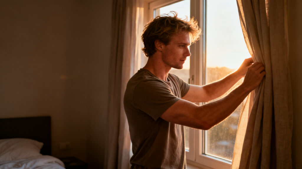 A man opening bedroom curtains in morning light.