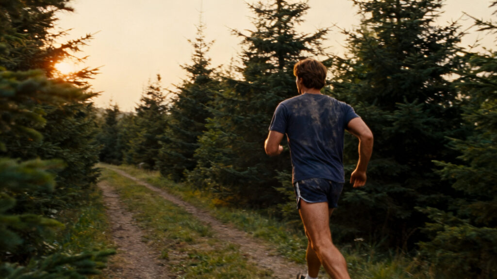 A man running into an evergreen trail at sunrise, turning intention into movement.