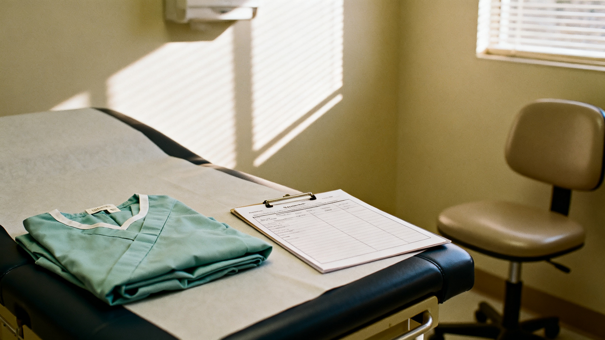 Clinic exam room with folded gown and blank intake form
