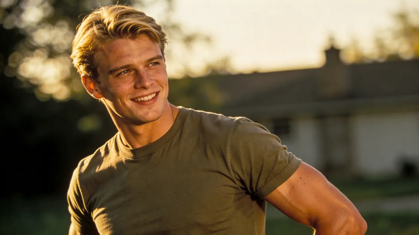 A young man with a genuine easy smile outdoors in warm light, present again.