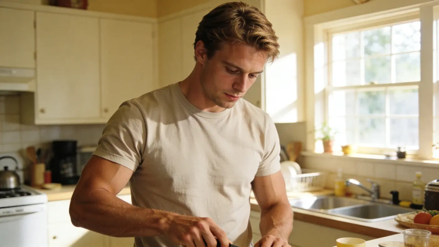A young man in a steady ordinary morning routine at a sunlit kitchen counter.