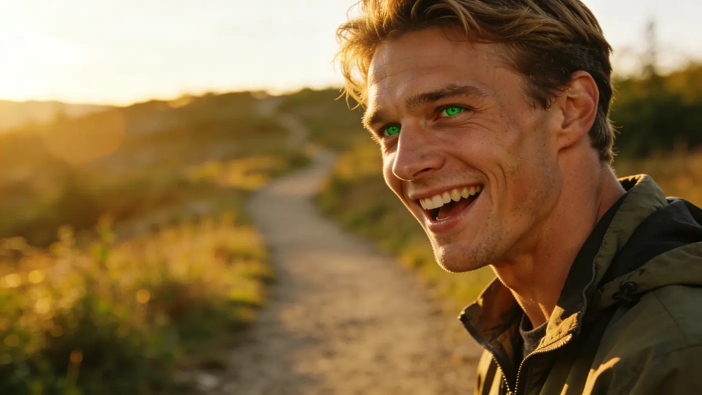 A fit young man laughing outdoors at golden hour, full of energy.