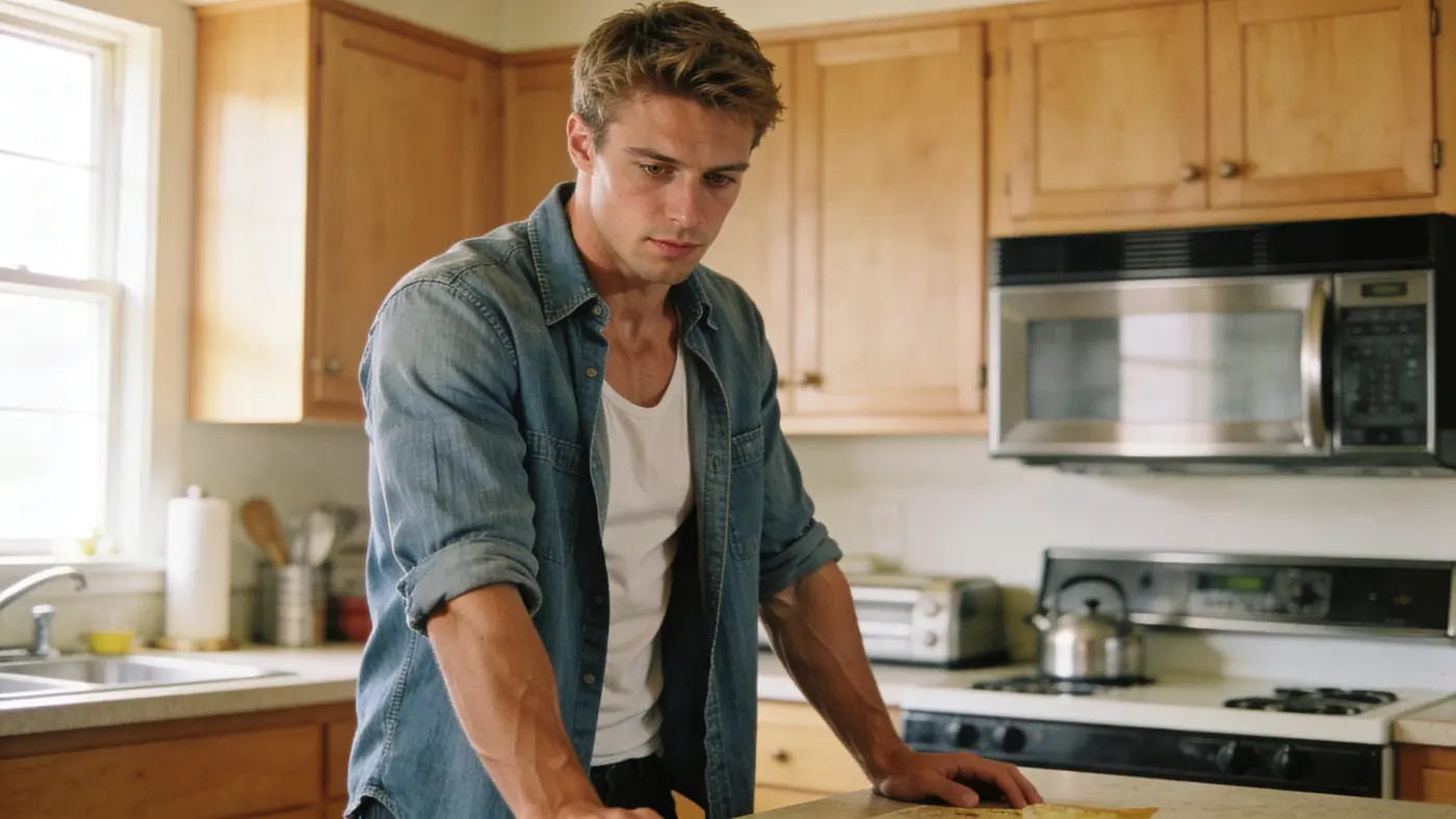 A young man pauses skeptically at his kitchen counter, sensing something is off.