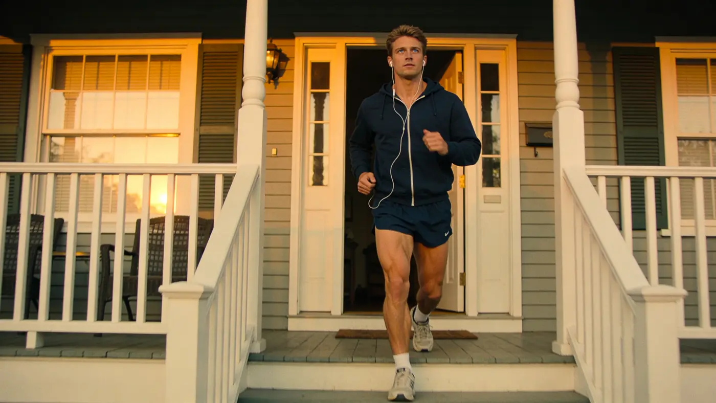 A young man steps out his front door at dawn in running gear, already moving.