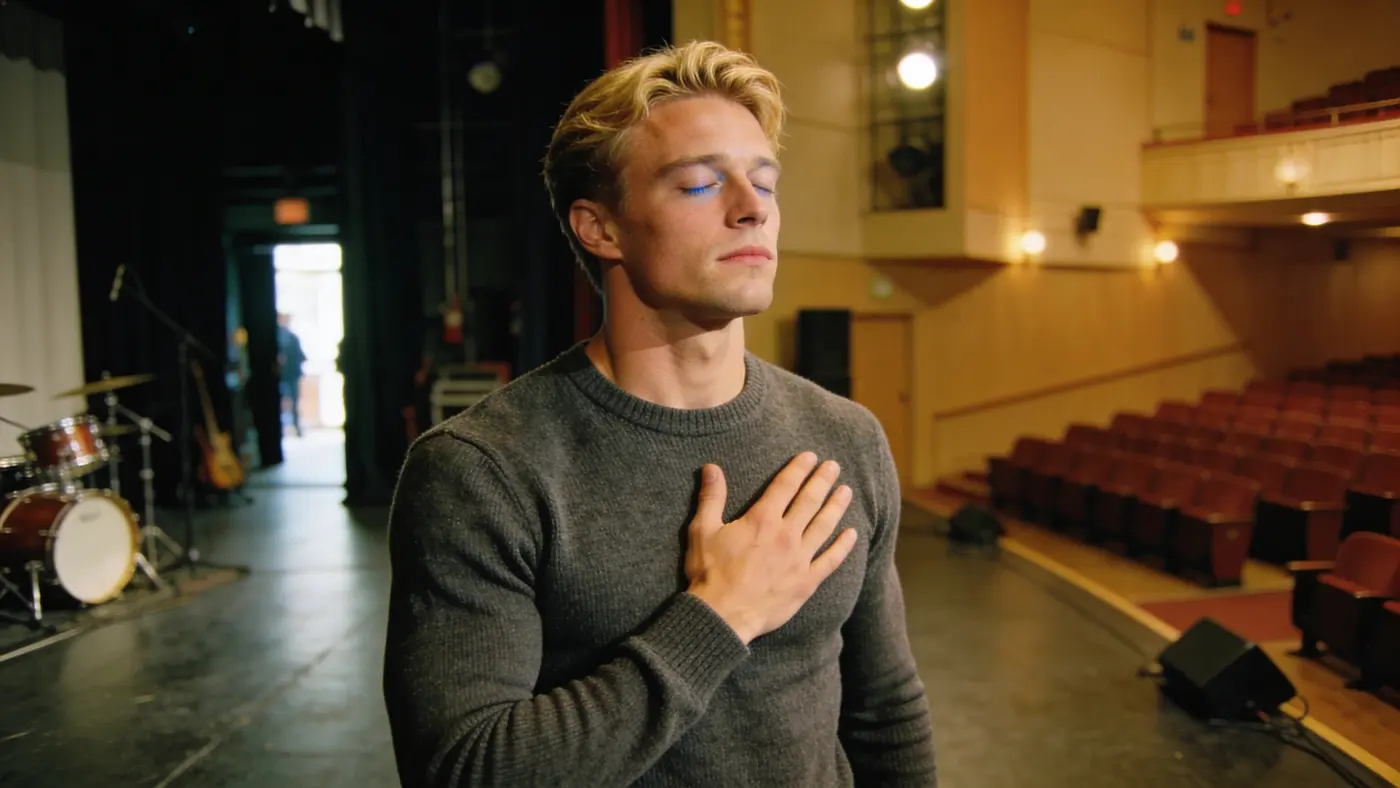 A young man stands backstage with eyes closed and a hand on his chest, steadying himself before going on.
