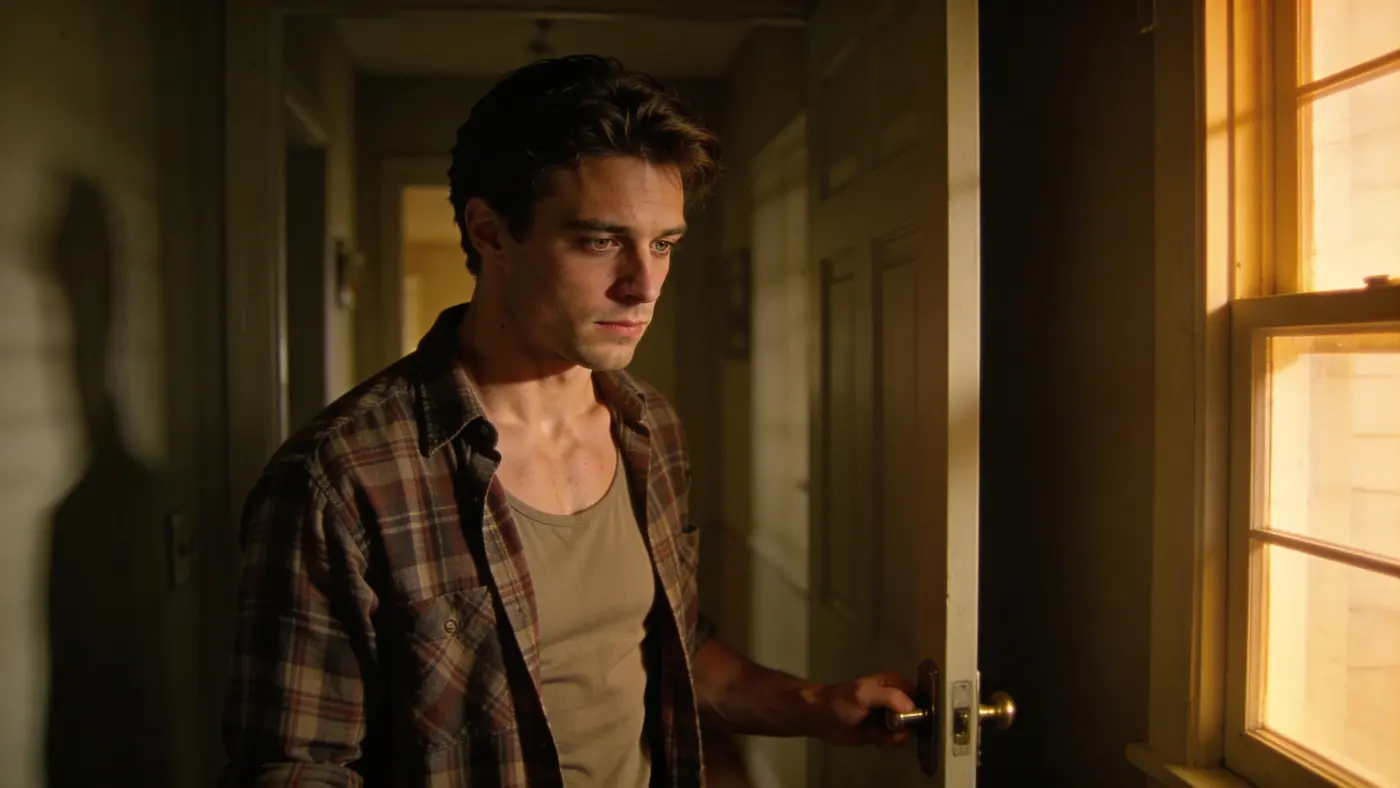 A young man pauses at a door he hasn't opened, looking down, caught in the moment of avoidance.