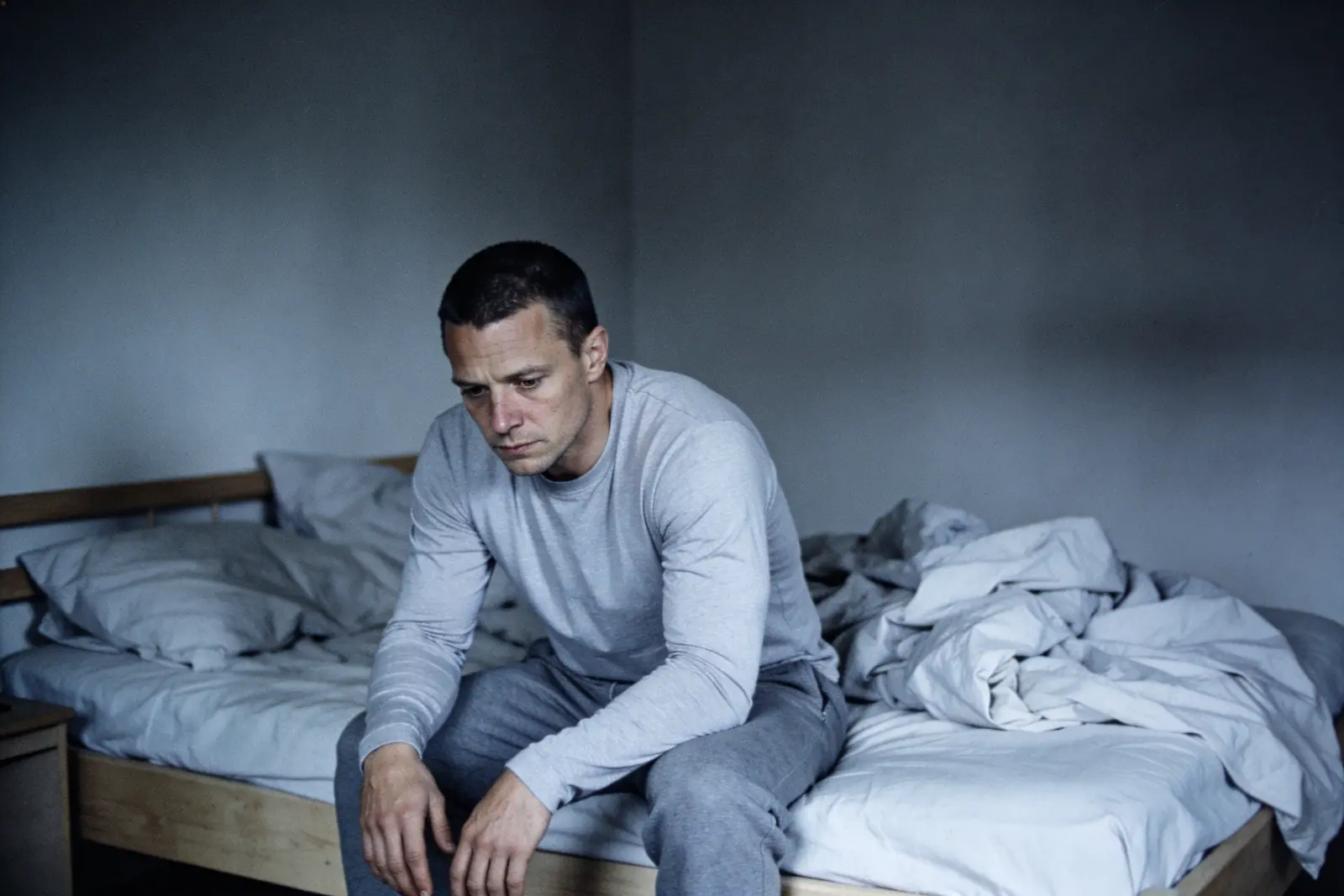 Downcast man in pajamas sitting on the edge of an unmade bed in cold light