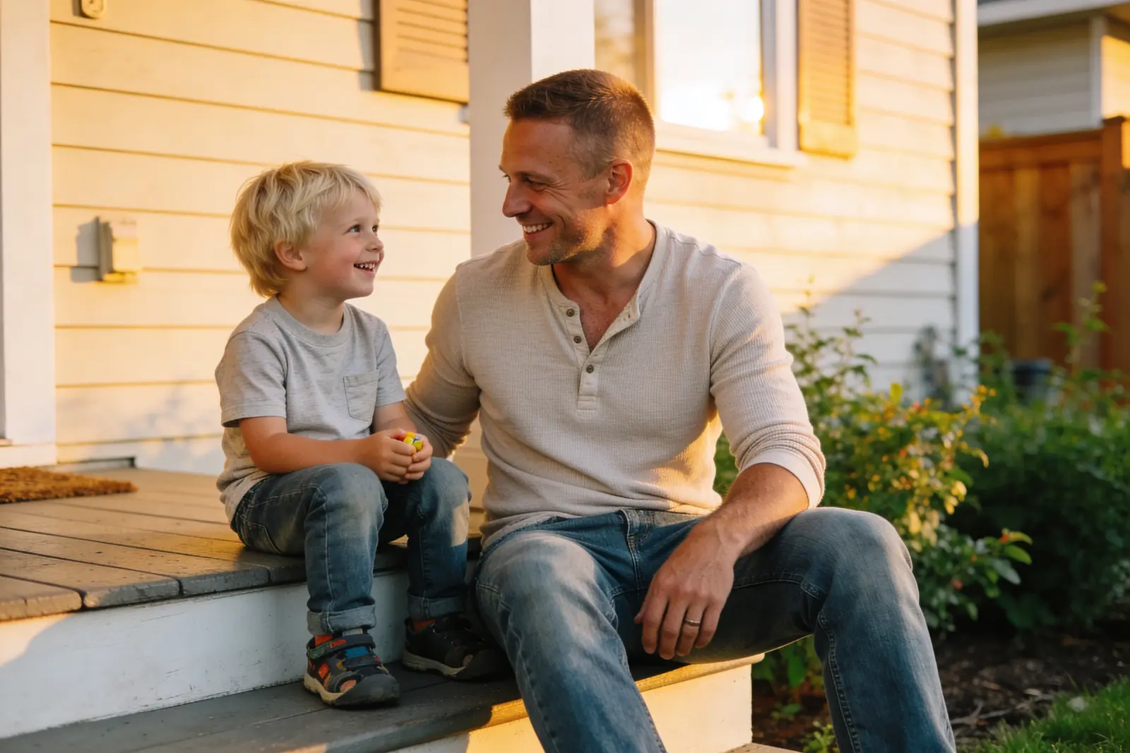 Smiling father and young son sitting together on sunlit porch steps