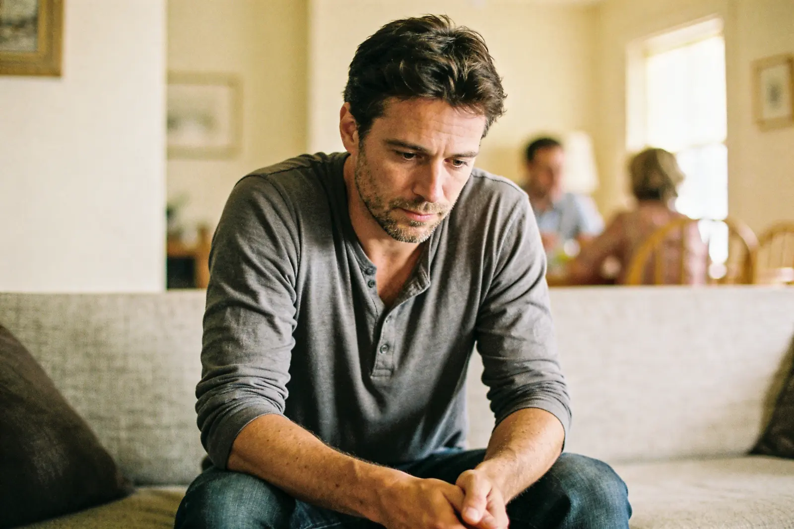 Withdrawn man hunched on a couch while family talks blurred in the background