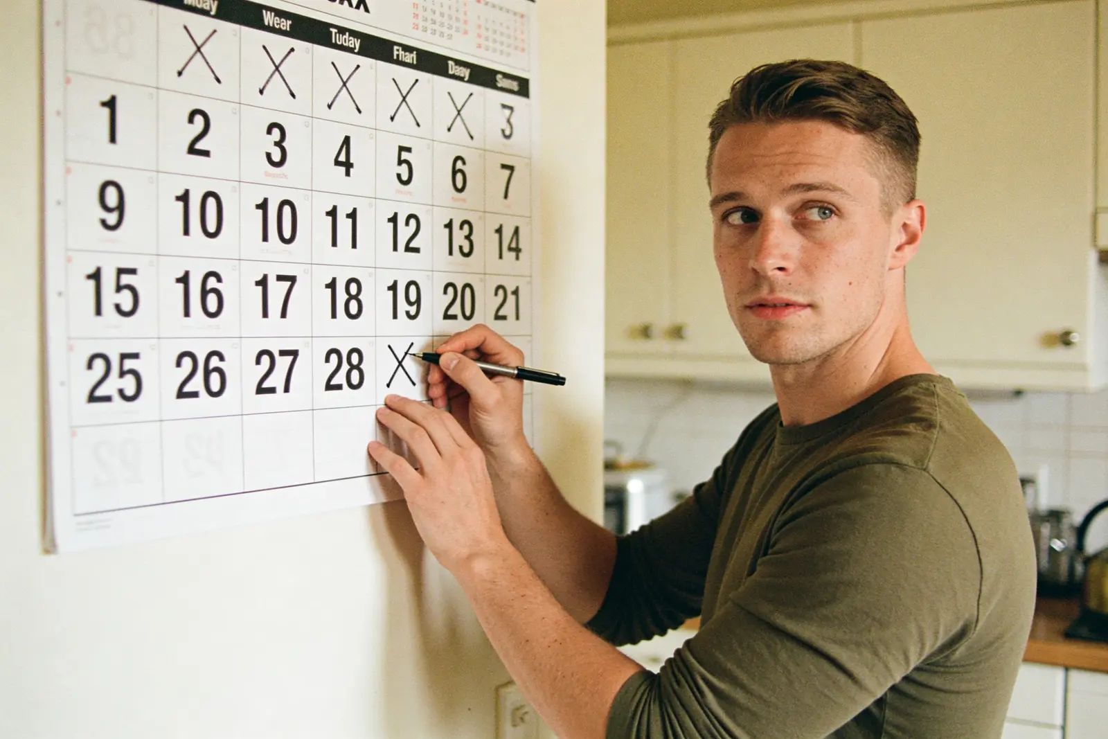 Young man crossing out dates on a wall calendar in a kitchen