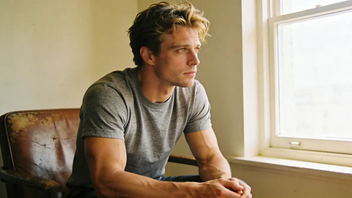 A young man leans forward in a chair with a determined expression, bracing to face something hard.