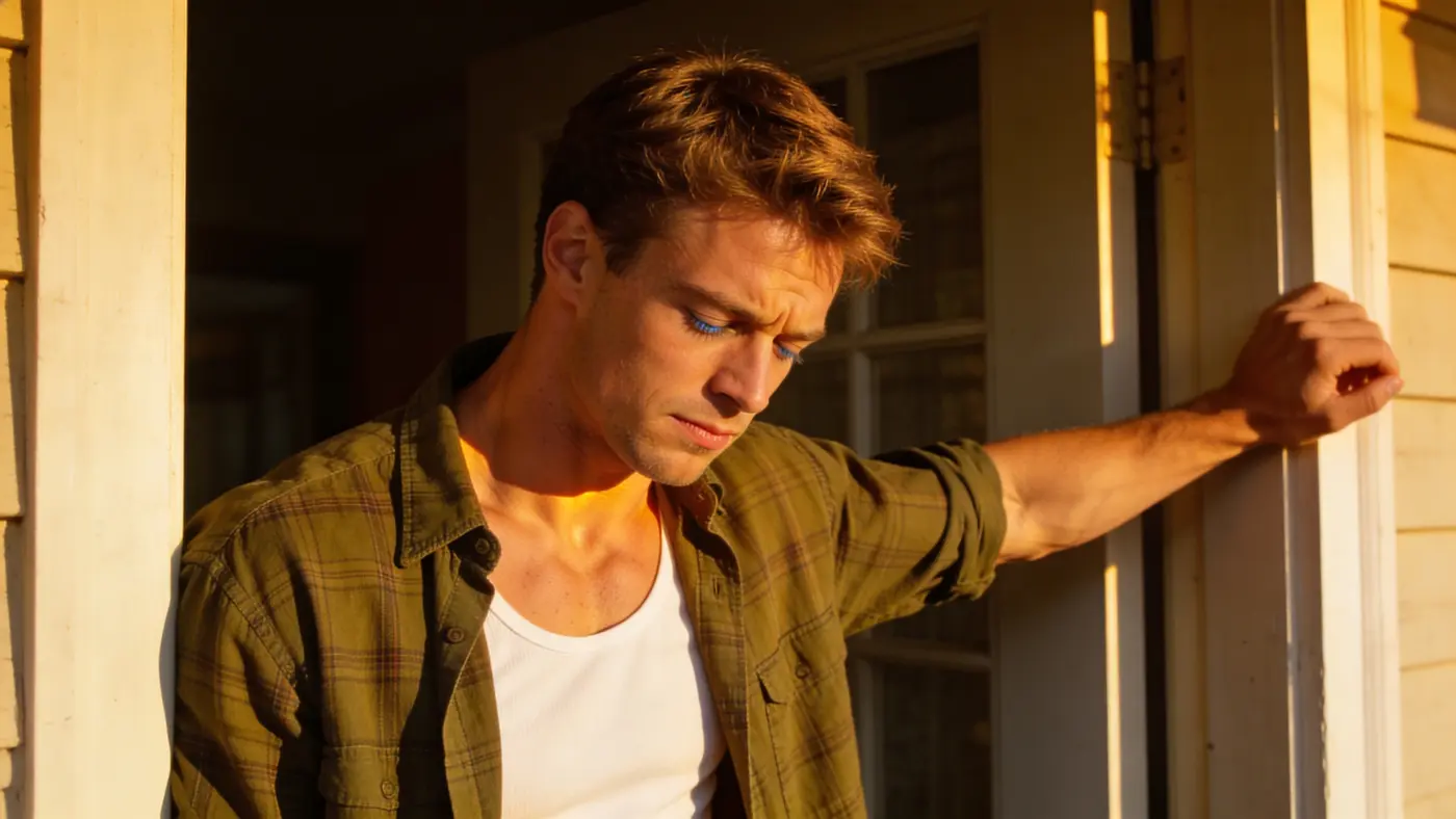 A young man in a sunlit doorway with eyes closed and a skeptical expression, absorbing a hard truth.